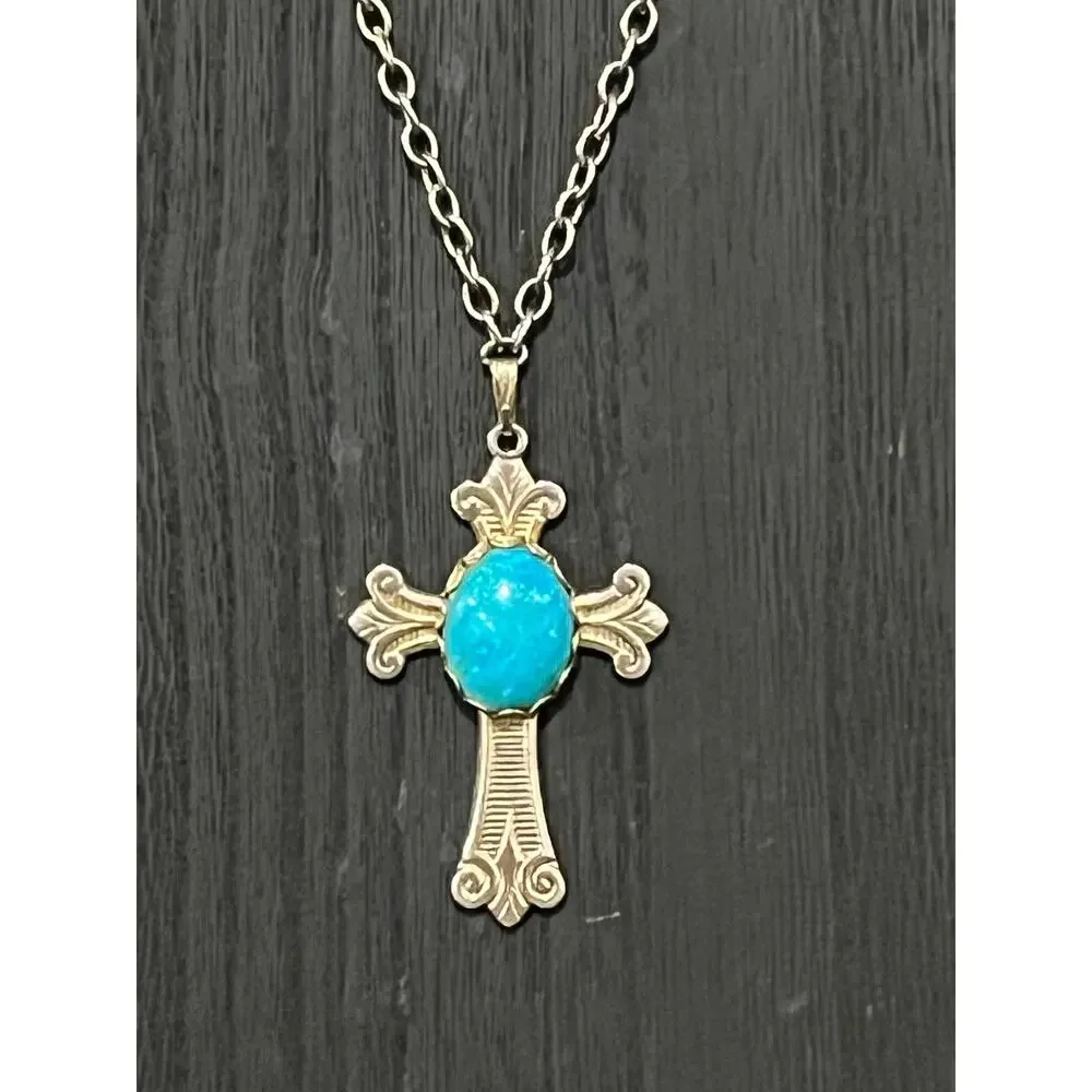 Long Cross Necklace Turquoise Color Stone Silver Tone‎ Chain Boho Faith 33”